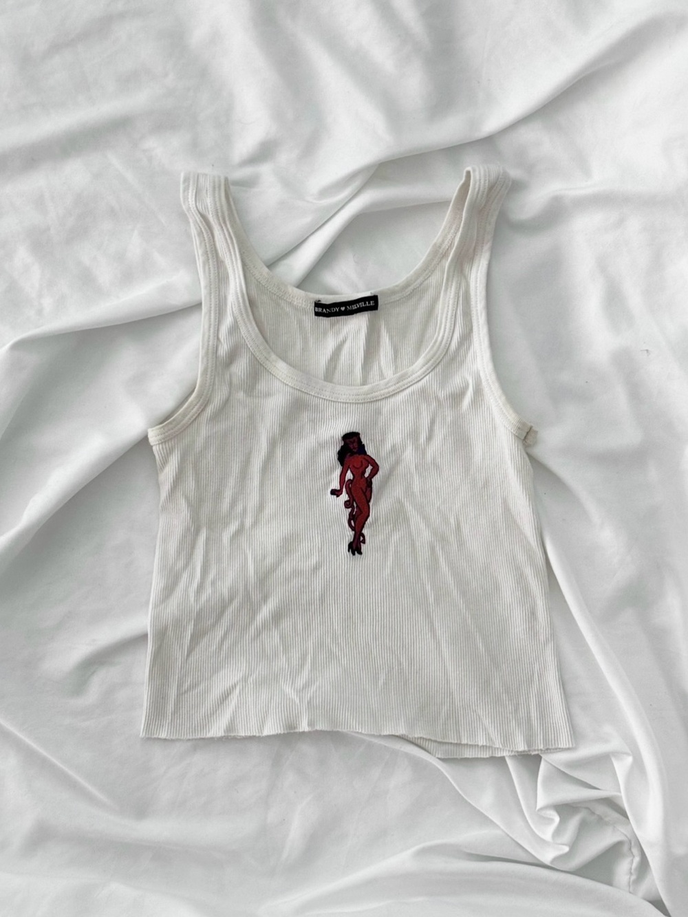 Brandy Melville White Ribbed Tank with Devil Girl Embroidery